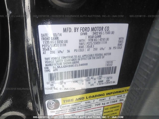 5LMJJ2H59EEL04668 - 2014 LINCOLN NAVIGATOR 黑色 照片 9