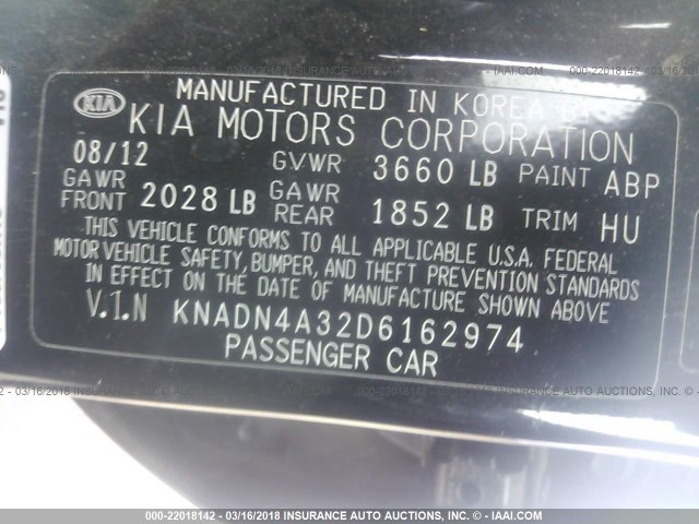 KNADN4A32D6162974 - 2013 KIA RIO EX/SX BLACK photo 9