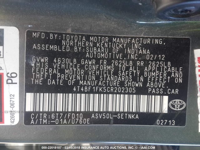 4T4BF1FK5CR202305 - 2012 TOYOTA CAMRY SE/LE/XLE 绿色 照片 9