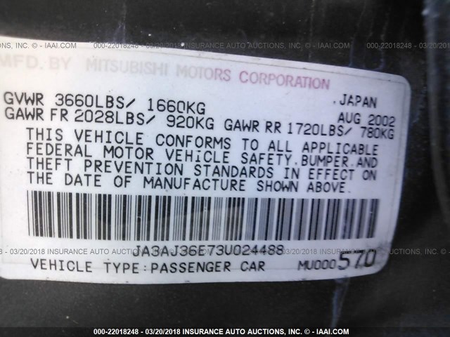 JA3AJ36E73U024488 - 2003 MITSUBISHI LANCER LS GRAY photo 9