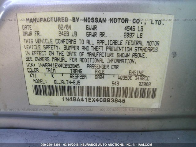 1N4BA41EX4C893845 - 2004 NISSAN MAXIMA SE/SL SILVER photo 9