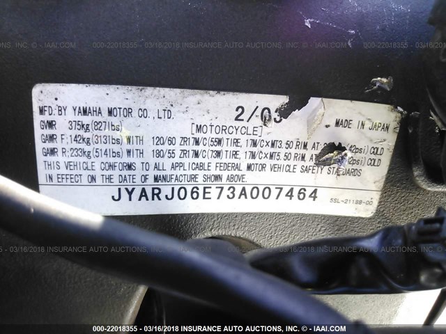 JYARJ06E73A007464 - 2003 YAMAHA YZFR6 L BLACK photo 10