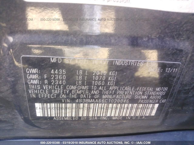 4S3BMAA66C1020046 - 2012 SUBARU LEGACY 2.5I GRAY photo 9