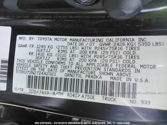 5TEKU72N27Z442321 - 2007 TOYOTA TACOMA DBL CAB PRERUNNER LNG BED BLACK photo 9