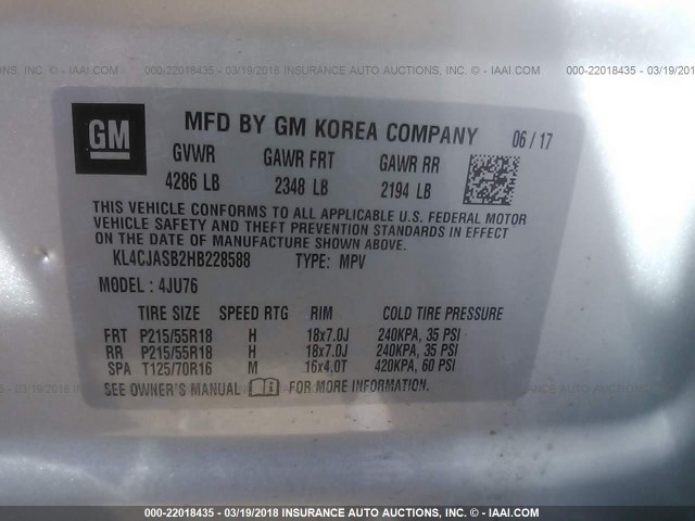 KL4CJASB2HB228588 - 2017 BUICK ENCORE PREFERRED SILVER photo 9