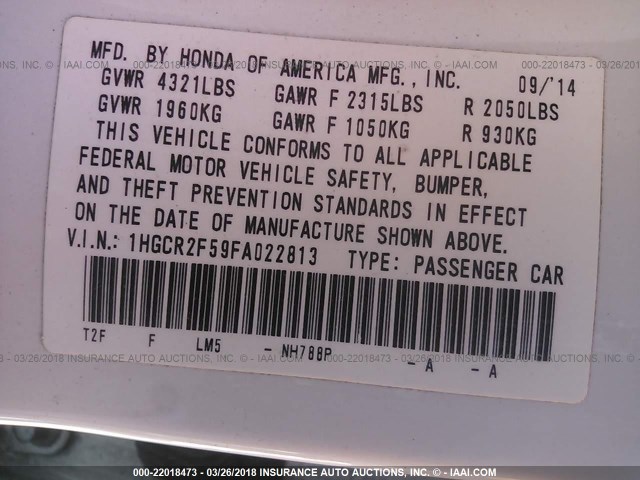 1HGCR2F59FA022813 - 2015 HONDA ACCORD SPORT Biały zdjęcie 9