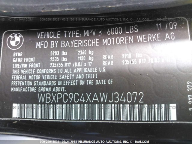 WBXPC9C4XAWJ34072 - 2010 BMW X3 XDRIVE30I Qara foto 9