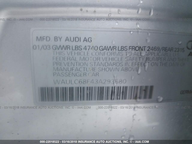 WAULC68E43A293680 - 2003 AUDI A4 1.8T QUATTRO SILVER photo 9