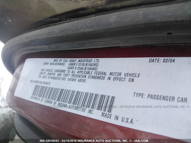 4S3BH675647644072 - 2004 SUBARU LEGACY OUTBACK AWP 栗色 照片 9