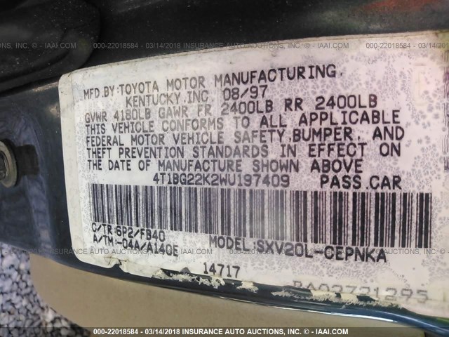 4T1BG22K2WU197409 - 1998 TOYOTA CAMRY CE/LE/XLE 绿色 照片 9