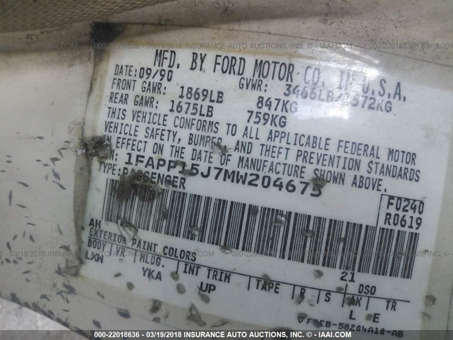 1FAPP15J7MW204675 - 1991 FORD ESCORT LX WHITE photo 9