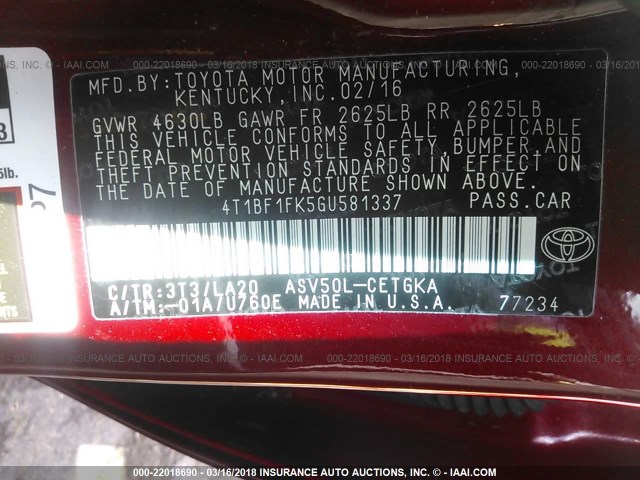 4T1BF1FK5GU581337 - 2016 TOYOTA CAMRY LE/XLE/SE/XSE RED photo 9