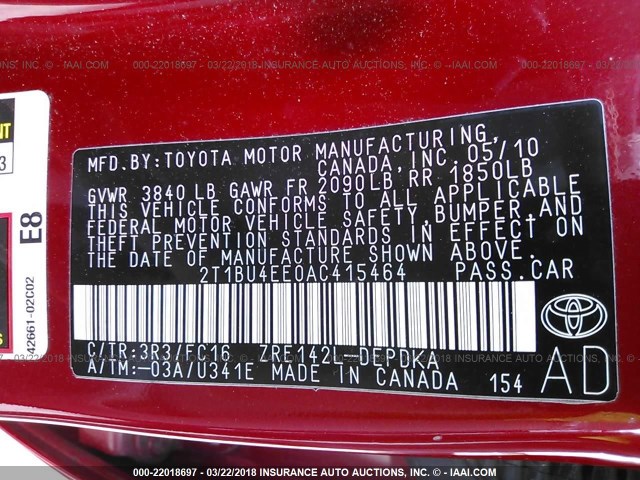 2T1BU4EE0AC415464 - 2010 TOYOTA COROLLA S/LE/XLE RED photo 9
