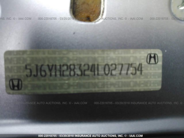 5J6YH28324L027754 - 2004 HONDA ELEMENT LX SILVER photo 9