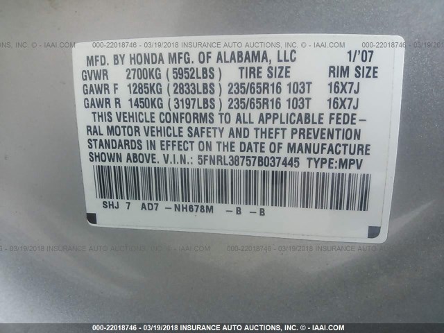 5FNRL38757B037445 - 2007 HONDA ODYSSEY EXL ვერცხლისფერი ფოტო 9