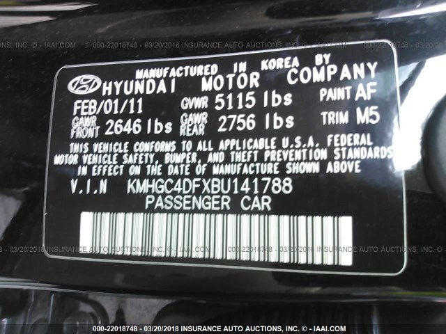 KMHGC4DFXBU141788 - 2011 HYUNDAI GENESIS 4.6L BLACK photo 9