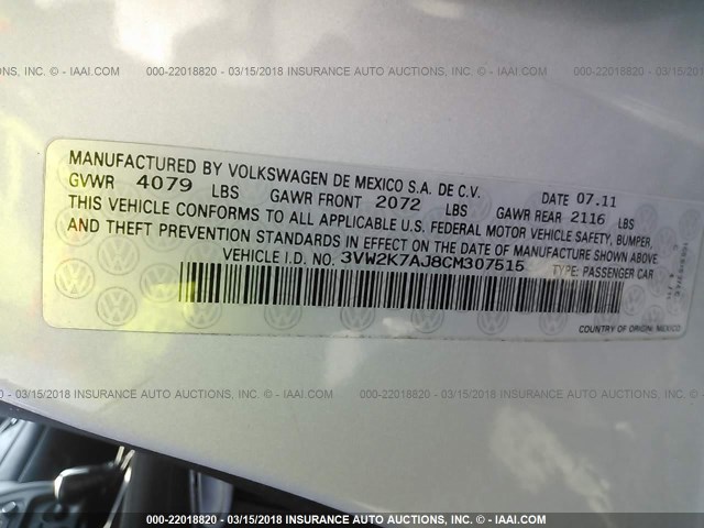 3VW2K7AJ8CM307515 - 2012 VOLKSWAGEN JETTA S 银色 照片 9