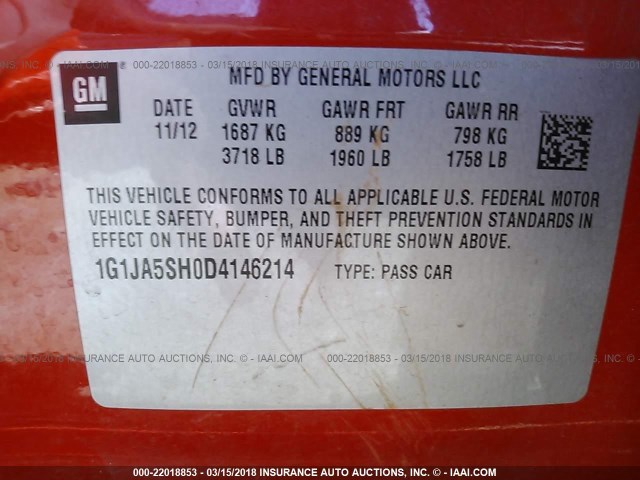 1G1JA5SH0D4146214 - 2013 CHEVROLET SONIC LS 橙色 照片 9