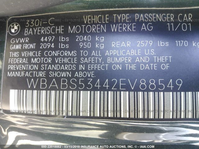 WBABS53442EV88549 - 2002 BMW 330 CI GREEN photo 9