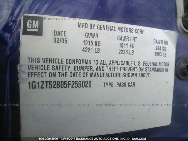 1G1ZT52805F259020 - 2005 CHEVROLET MALIBU LS 蓝色 照片 9