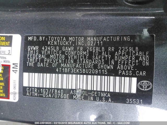 4T1BF3EK5BU209115 - 2011 TOYOTA CAMRY SE/LE/XLE GRAY photo 9