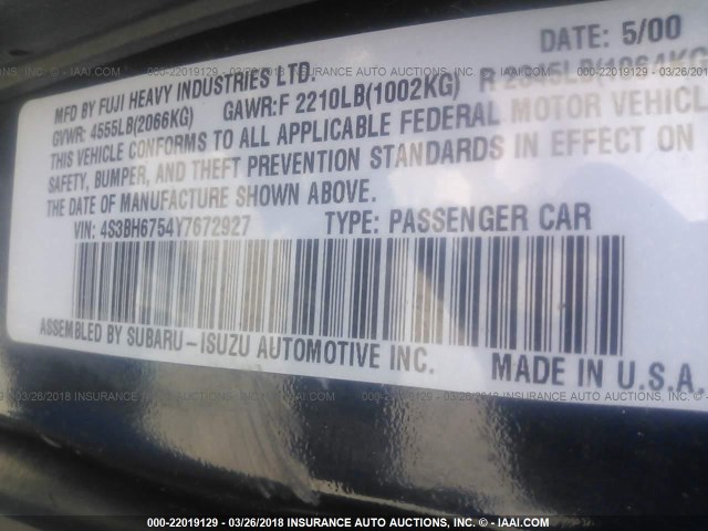 4S3BH6754Y7672927 - 2000 SUBARU LEGACY OUTBACK AWP 深蓝色 照片 9