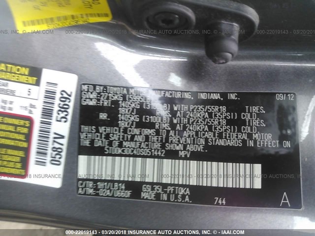 5TDDK3DC4DS051442 - 2013 TOYOTA SIENNA XLE/LIMITED GRAY photo 9