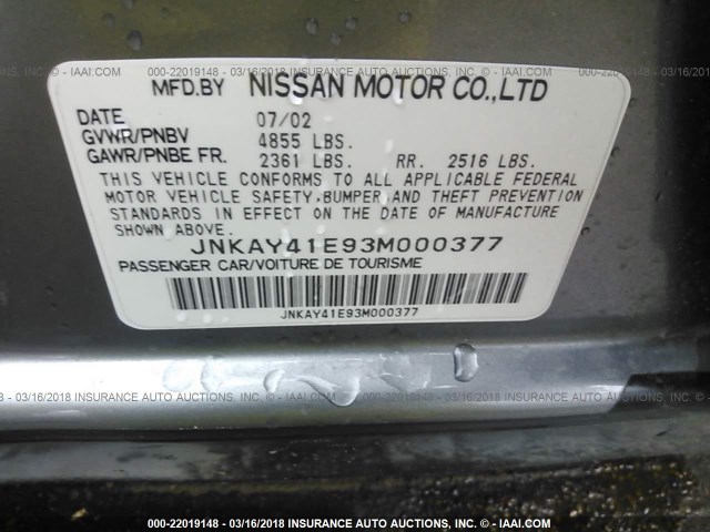 JNKAY41E93M000377 - 2003 INFINITI M45 GRAY photo 9