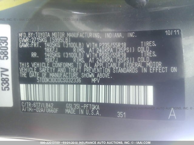 5TDDK3DC0CS032336 - 2012 TOYOTA SIENNA XLE/LIMITED GRAY photo 10