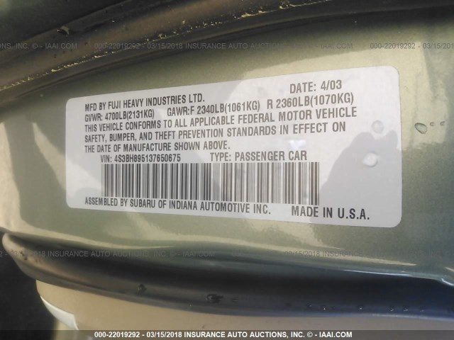 4S3BH895137650675 - 2003 SUBARU LEGACY OUTBACK H6 3.0 SPECIAL GREEN photo 9
