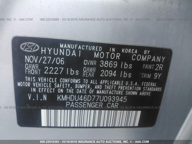 KMHDU46D77U093945 - 2007 HYUNDAI ELANTRA GLS/SE/LIMITED SILVER photo 9