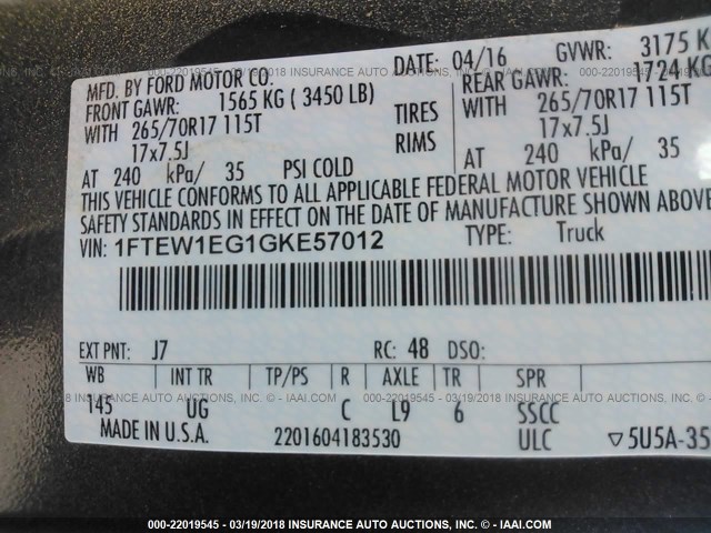 1FTEW1EG1GKE57012 - 2016 FORD F150 SUPERCREW GRAY photo 9