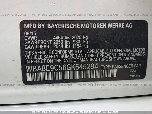 WBA8E9C56GK645294 - 2016 BMW 328 I SULEV WHITE photo 9