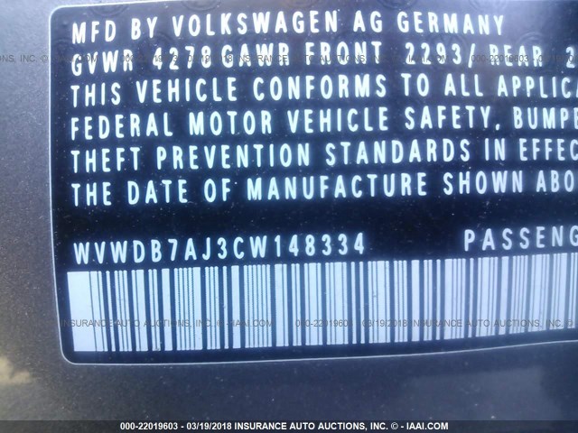 WVWDB7AJ3CW148334 - 2012 VOLKSWAGEN GOLF GRAY photo 9