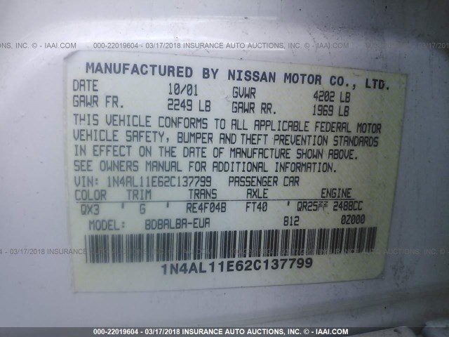 1N4AL11E62C137799 - 2002 NISSAN ALTIMA S/SL WHITE photo 9