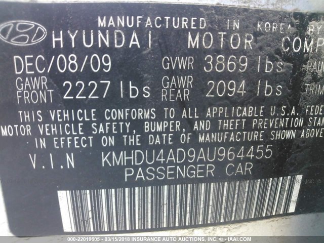 KMHDU4AD9AU964455 - 2010 HYUNDAI ELANTRA BLUE/GLS/SE SILVER photo 9