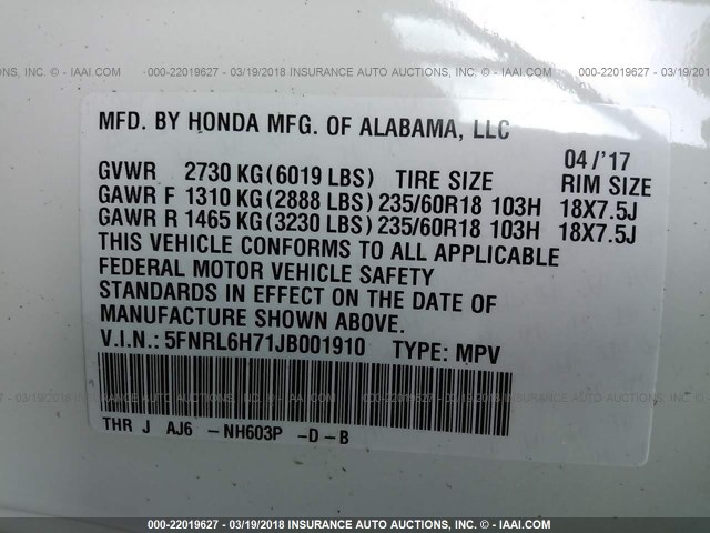 5FNRL6H71JB001910 - 2018 HONDA ODYSSEY EXL თეთრი ფოტო 10
