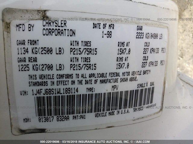 1J4FJ68S1WL189114 - 1998 JEEP CHEROKEE SPORT/CLASSIC Biały zdjęcie 9