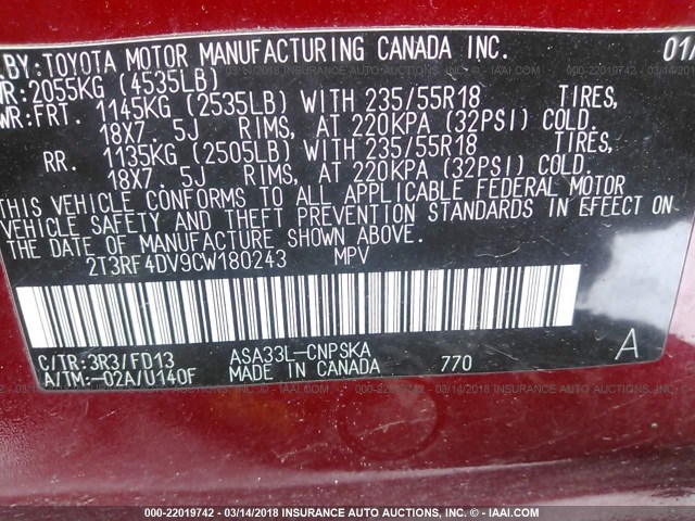 2T3RF4DV9CW180243 - 2012 TOYOTA RAV4 SPORT RED photo 9