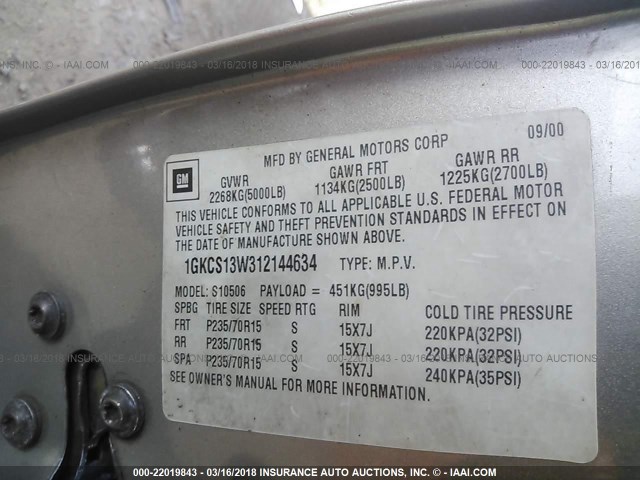 1GKCS13W312144634 - 2001 GMC JIMMY Արծաթագույն լուսանկար 9