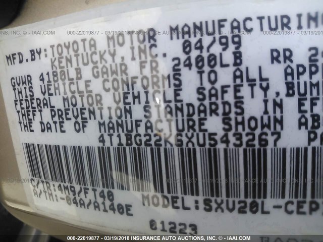 4T1BG22K6XU543267 - 1999 TOYOTA CAMRY CE/LE/XLE 金色 照片 9