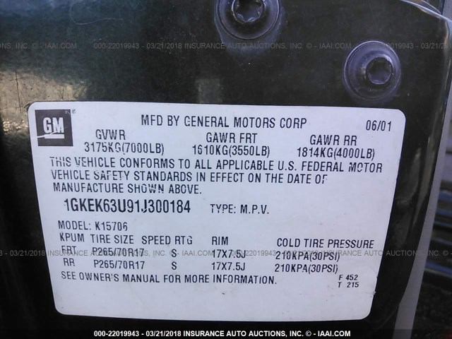 1GKEK63U91J300184 - 2001 GMC DENALI GREEN photo 9