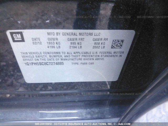 1G1PH5SC8C7274885 - 2012 CHEVROLET CRUZE LTZ BLACK photo 9