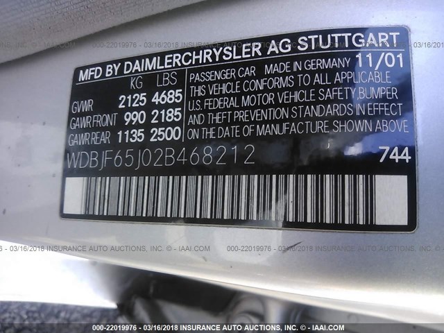 WDBJF65J02B468212 - 2002 MERCEDES-BENZ E 320 SILVER photo 9