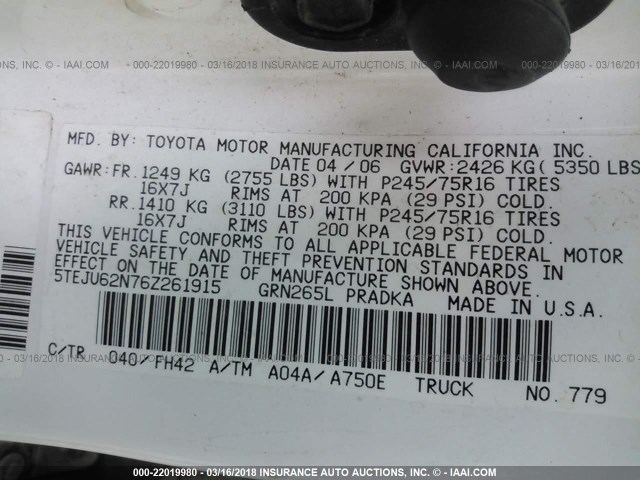 5TEJU62N76Z261915 - 2006 TOYOTA TACOMA DOUBLE CAB PRERUNNER WHITE photo 9