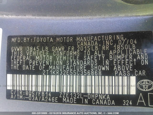 2T1KR32E55C356868 - 2005 TOYOTA COROLLA MATRIX XR BLUE photo 9