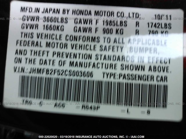 JHMFB2F52CS003606 - 2012 HONDA CIVIC LX BURGUNDY photo 9