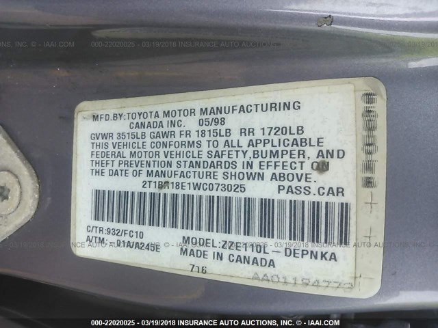 2T1BR18E1WC073025 - 1998 TOYOTA COROLLA VE/CE/LE 紫色 照片 9