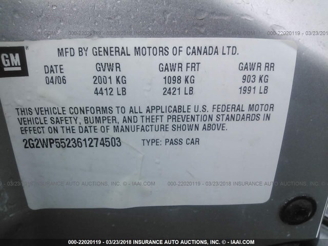 2G2WP552361274503 - 2006 PONTIAC GRAND PRIX SILVER photo 9
