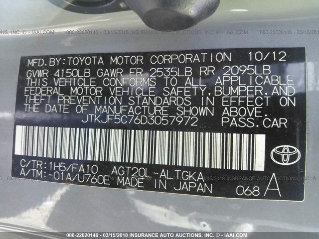 JTKJF5C76D3057972 - 2013 TOYOTA SCION TC GRAY photo 9